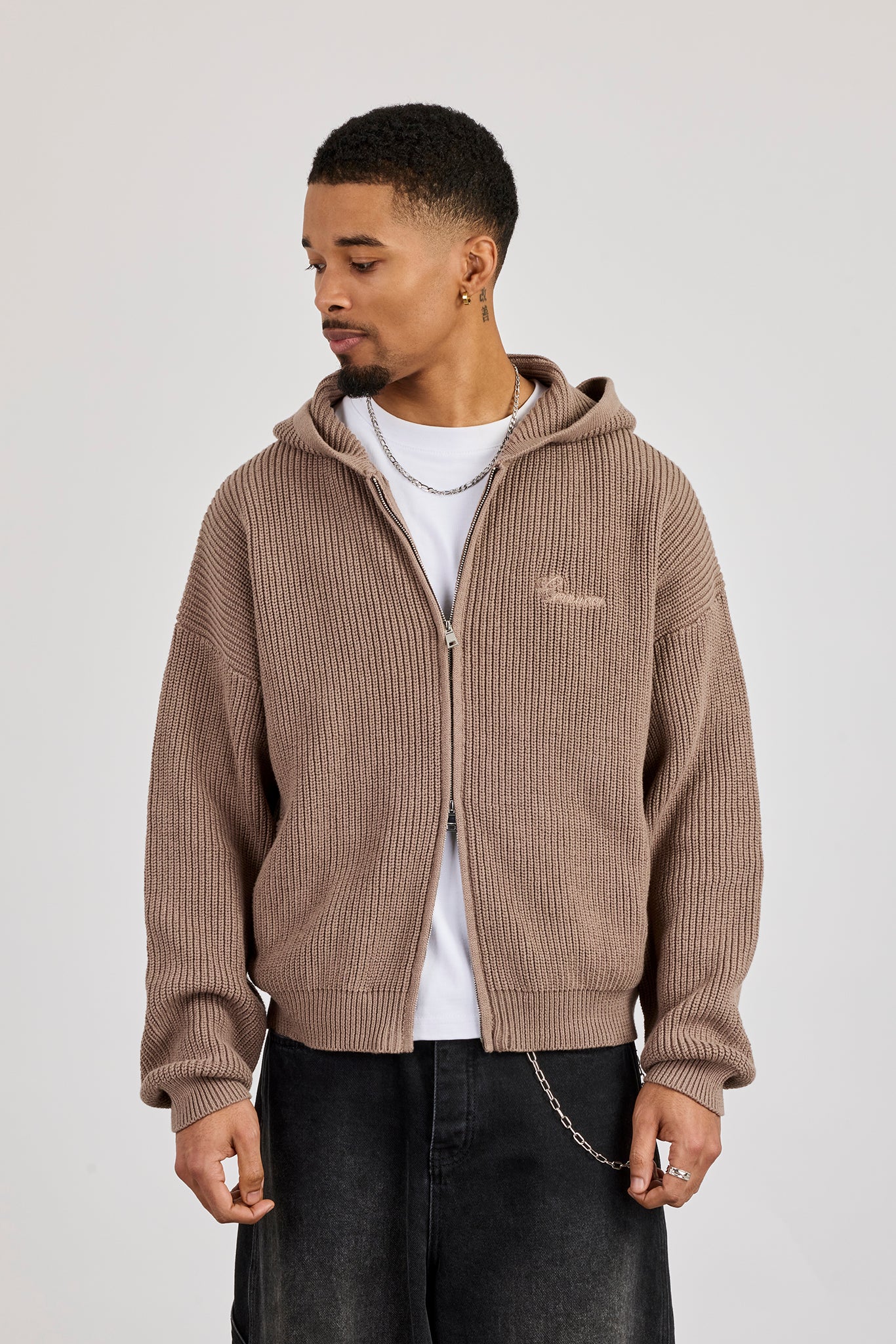 Chunky Knitted Zip Through Hoodie - Taupe
